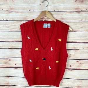 Vintage JG Hook Farm Animal Sweater Vest Wool Red